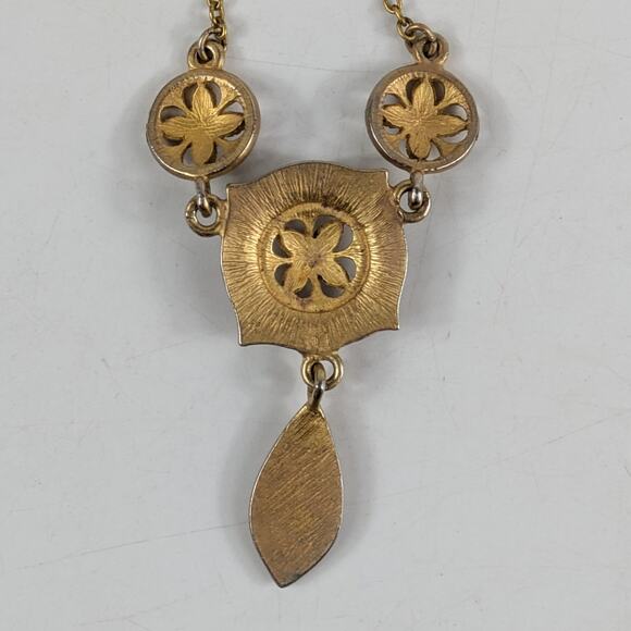 Vintage Gold Tone Drop Pendant Necklace Black Glass Inlay Art Deco Revival 11" - Picture 7 of 8